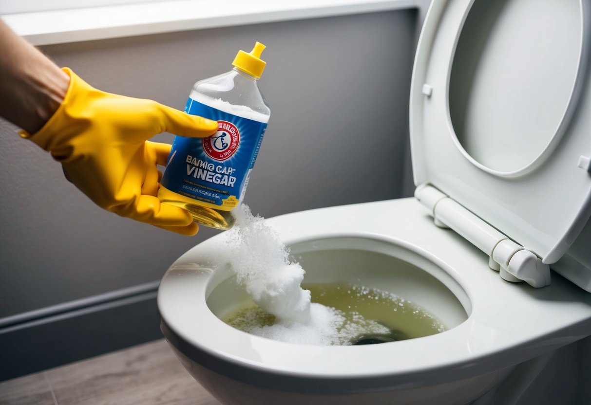 A clogged toilet being unclogged with a mixture of baking soda and vinegar, causing fizzing and bubbling in the bowl