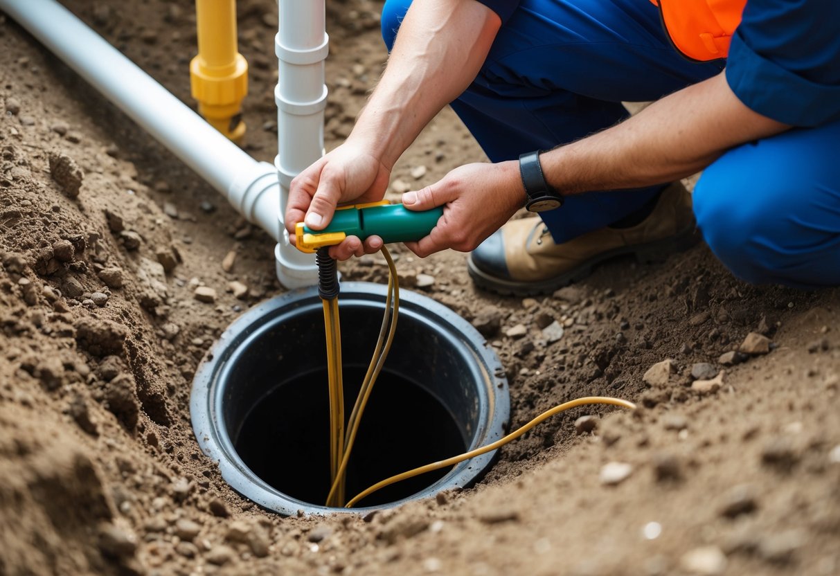 A plumber using a drain snake to clear a buried pipe, surrounded by dirt and underground pipes