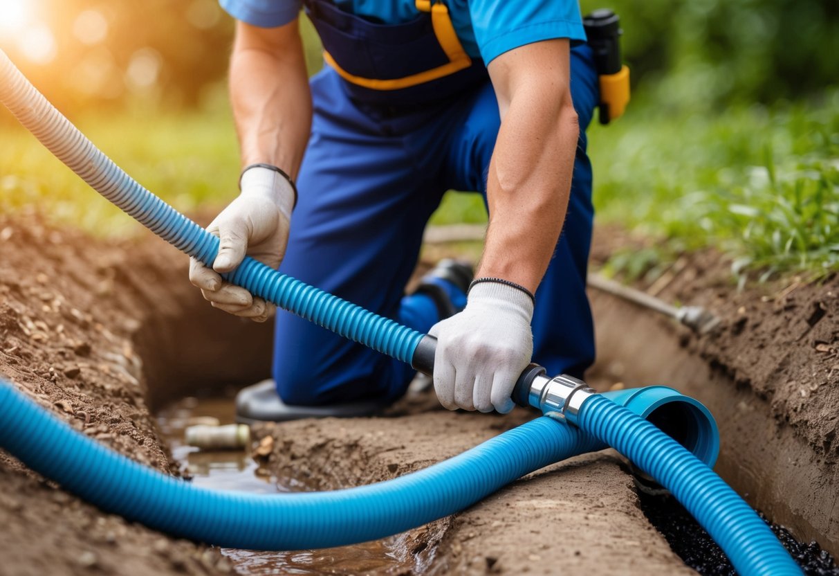 A plumber using a snake tool to clear a clogged underground pipe