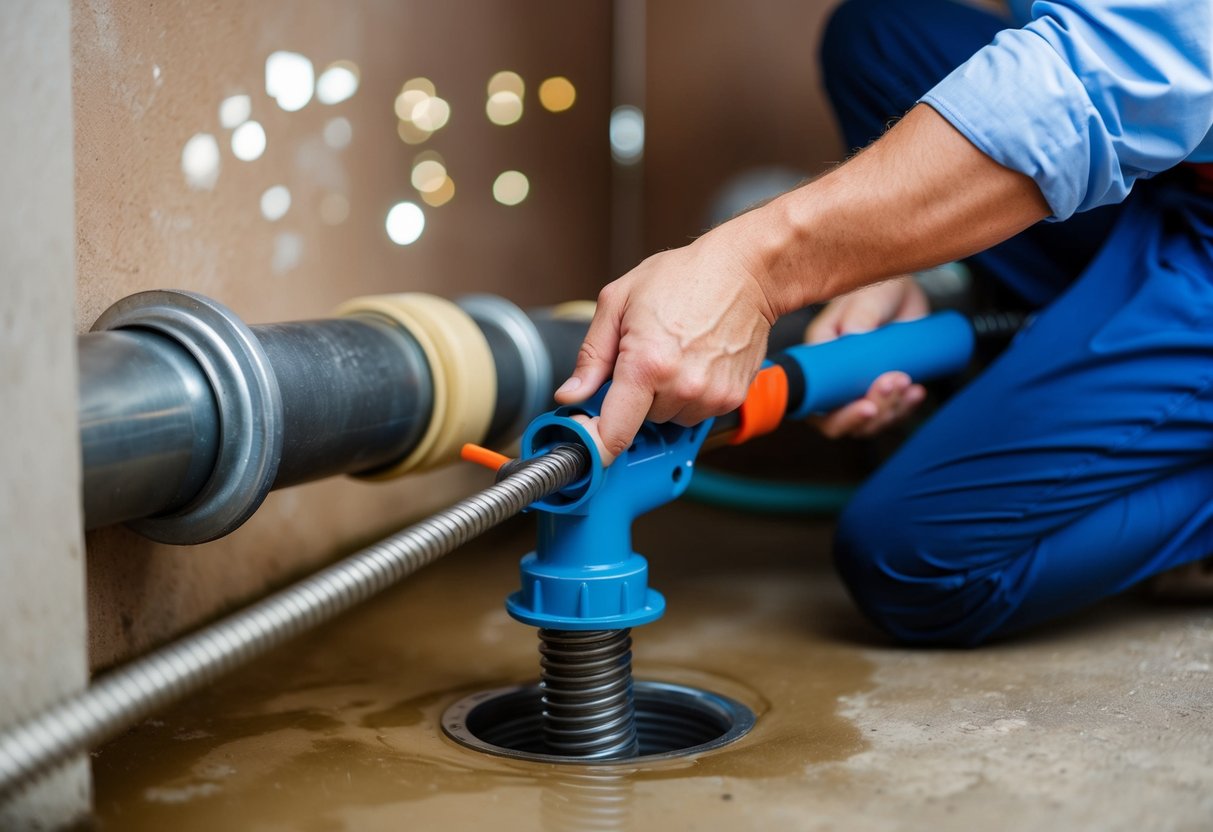 A plumber using a drain snake to clear a clogged underground pipe