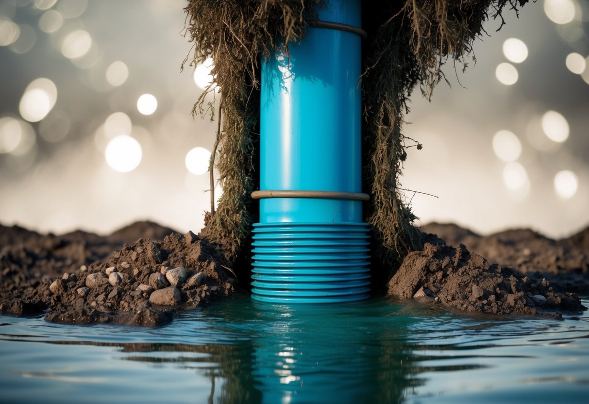 A clogged underground pipe causes water to back up, creating a mess. An illustration could show the pipe buried in the ground with water pooling around it