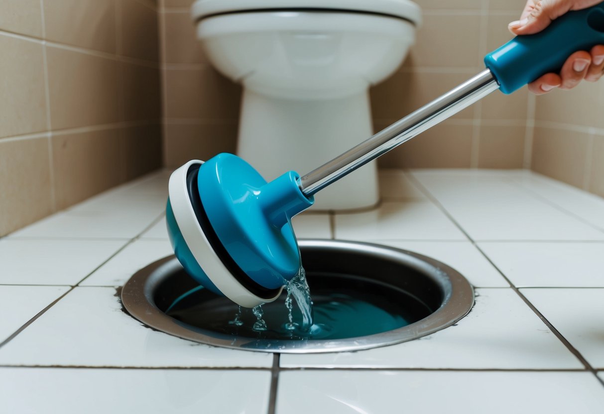 A plunger is pressed firmly against a clogged toilet drain, with water overflowing onto the bathroom floor