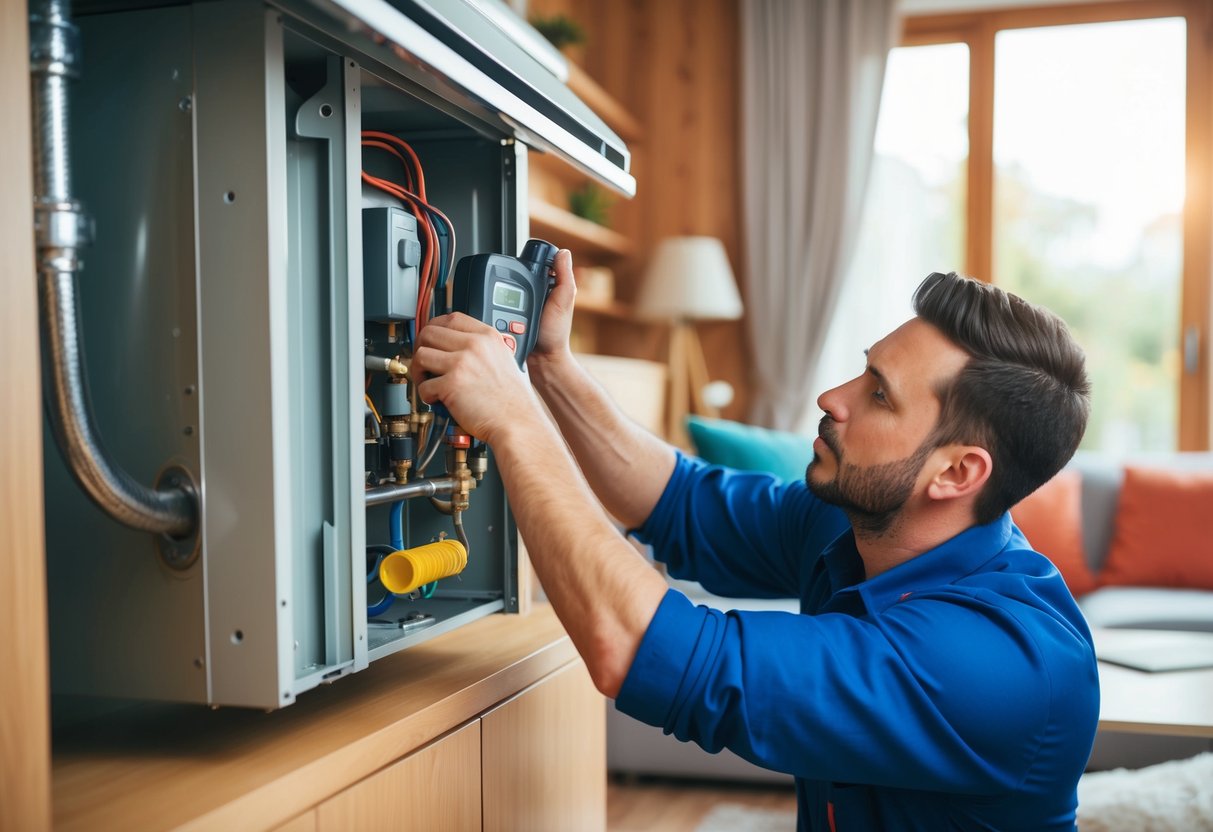 A plumber working on a heating system in a cozy living room