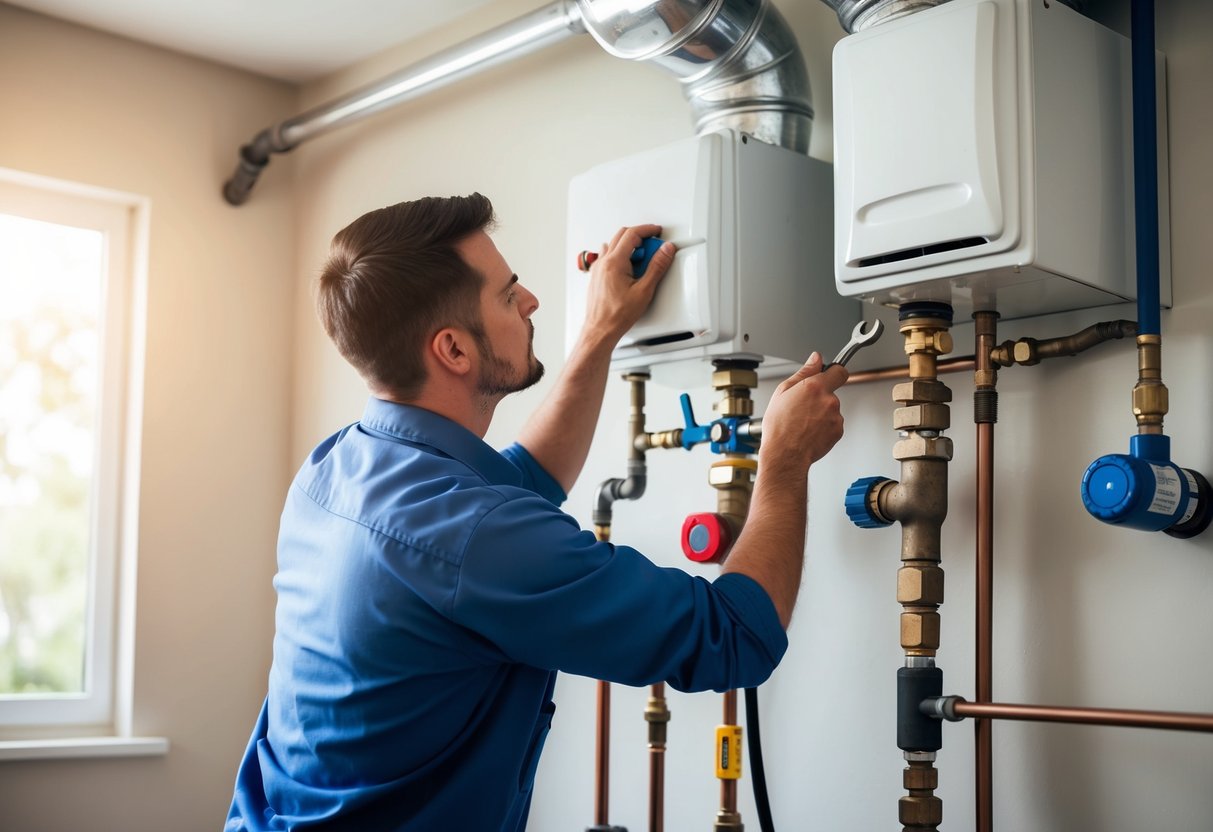 A person working on a heating system in a residential home. Tools and equipment such as pipes, valves, and a wrench are visible