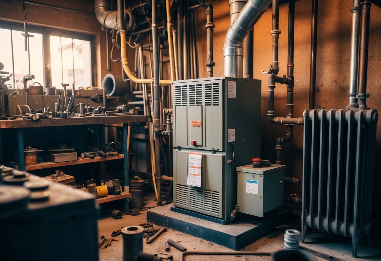 A busy workshop with tools and pipes scattered around. A furnace and radiator in need of repair. The room is warm and filled with the sound of clanging metal