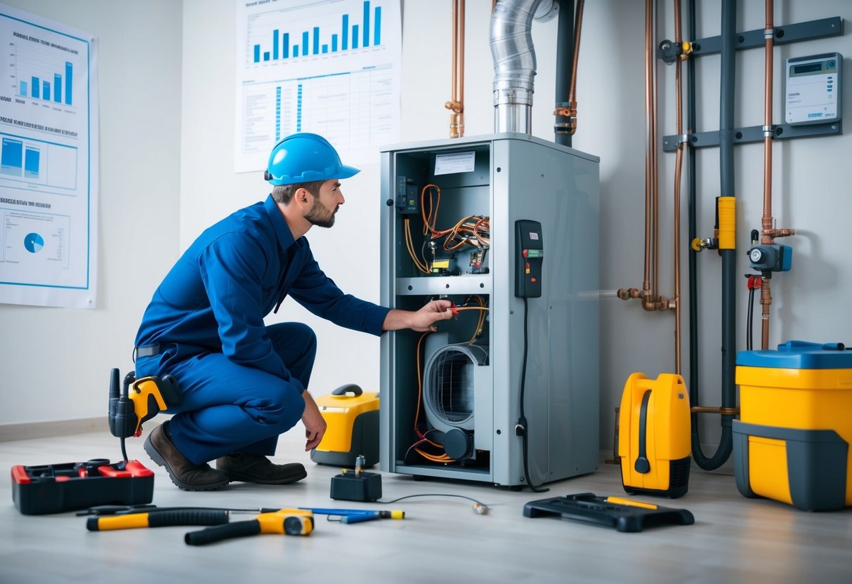 A technician inspects a modern heating system, surrounded by tools and equipment. Blueprints and charts on the wall hint at future advancements in heating technology