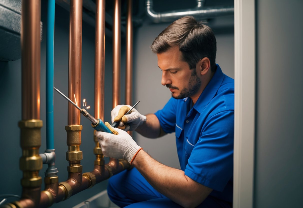 A plumber meticulously soldering copper pipes in a dimly lit utility room. Soldering iron in hand, focused on the task at hand