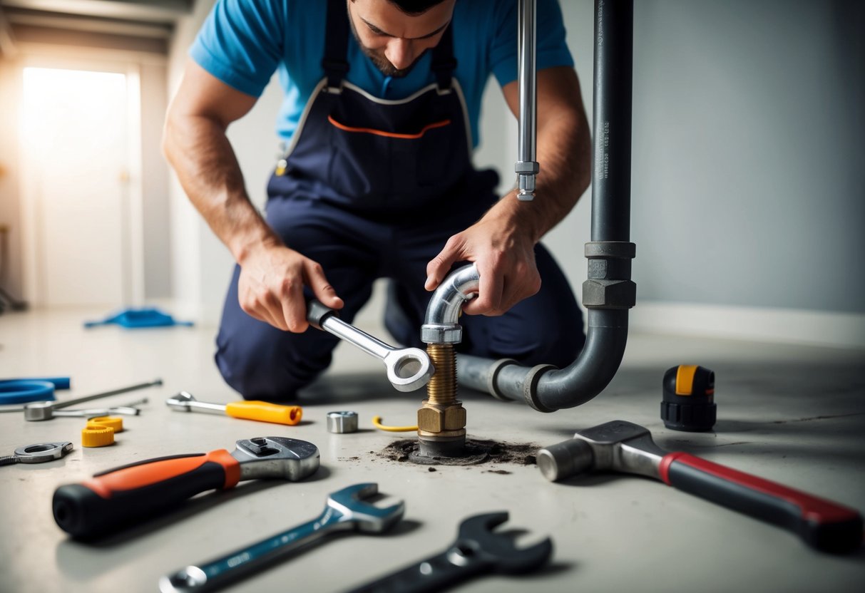 A plumber working on a leaking pipe in a dimly lit basement. Tools scattered on the floor, with a wrench in hand