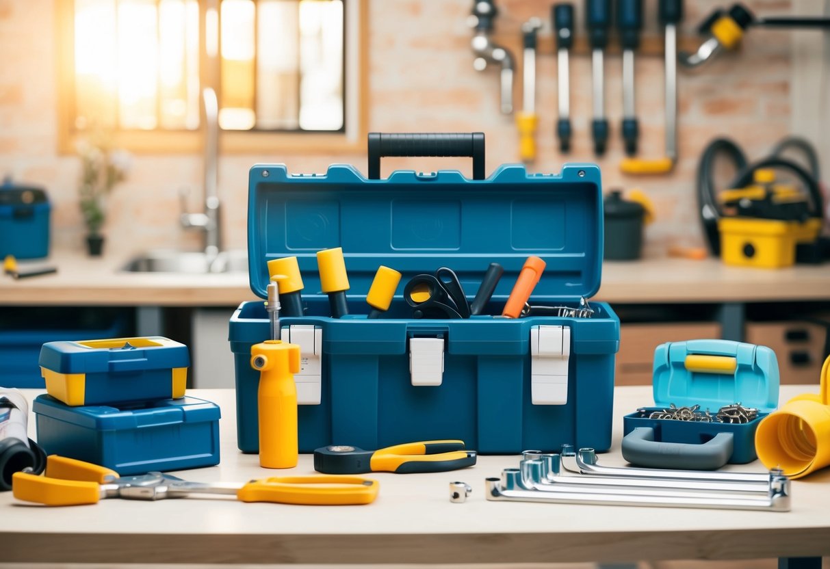 A plumber's toolbox and various plumbing equipment arranged neatly on a workbench