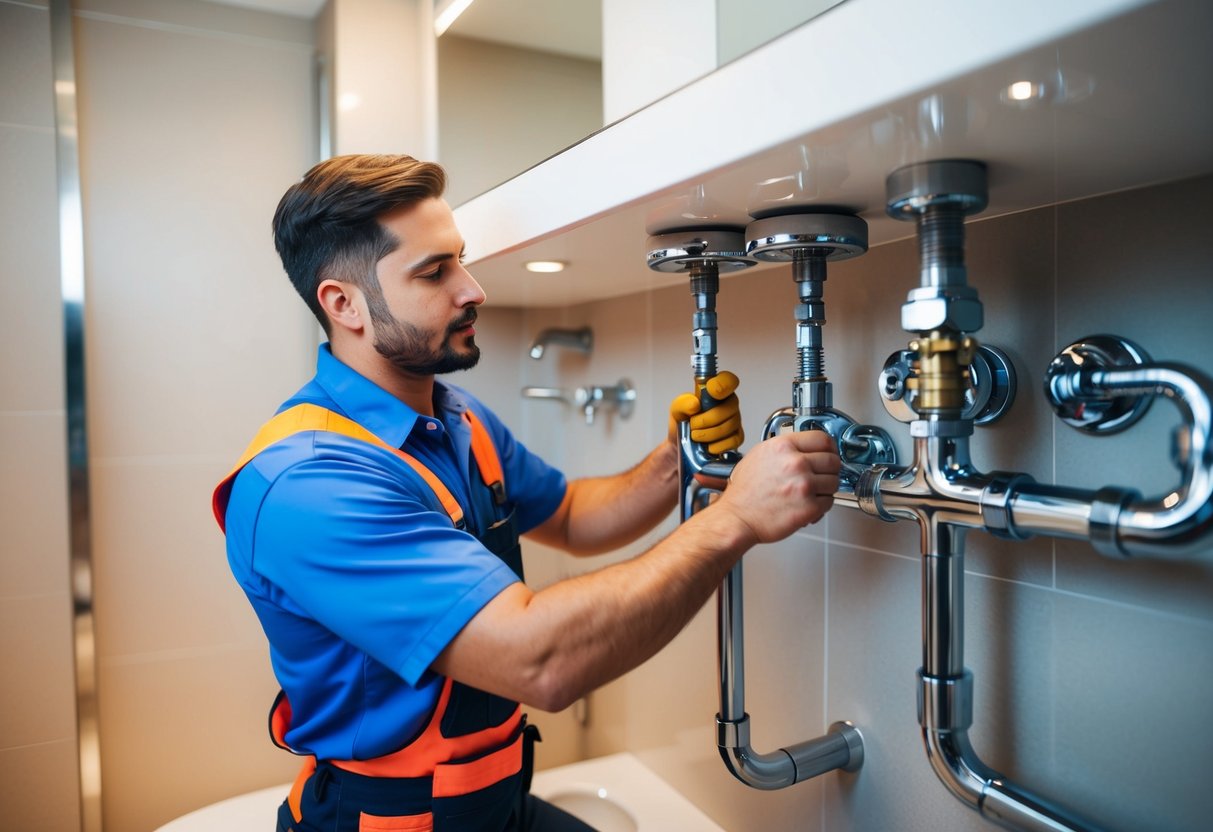 A certified artisan plumber working on pipes and fixtures in a modern bathroom