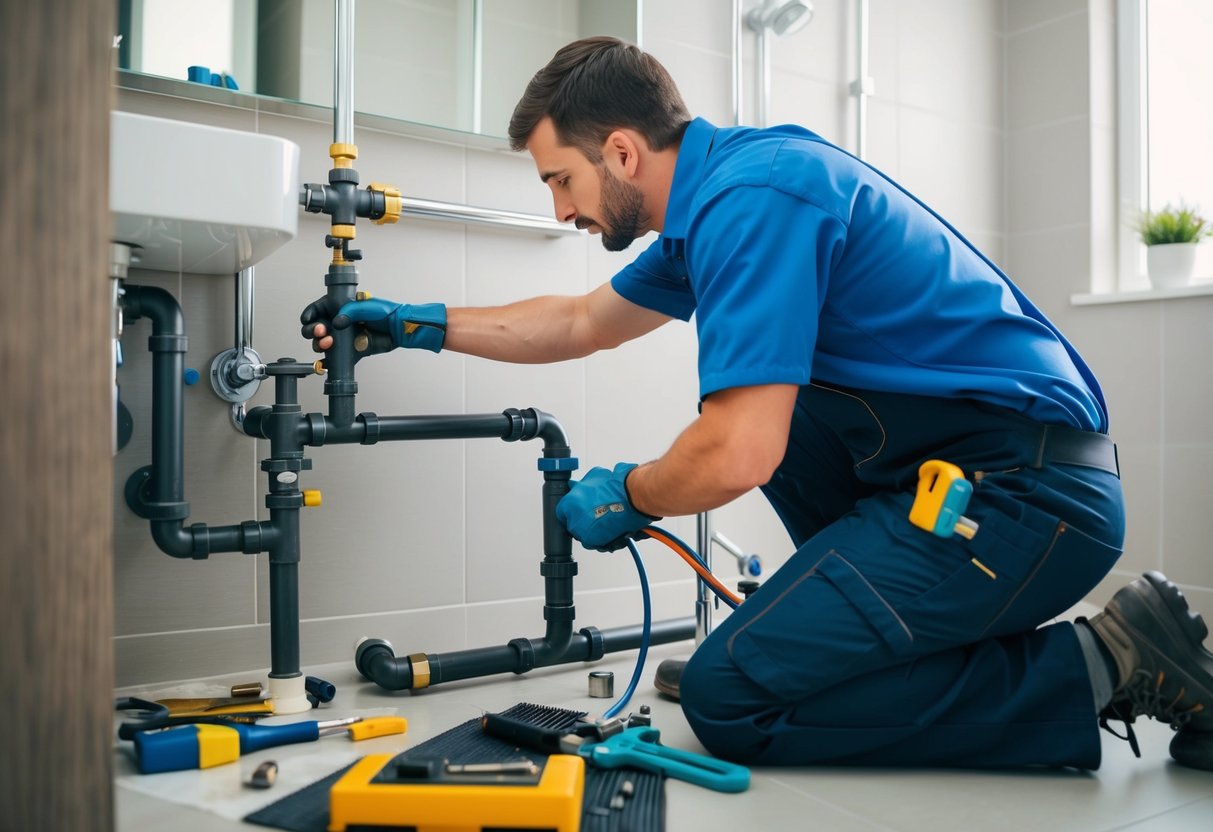 An artisan plumber working on a complex piping system in a modern residential bathroom. Tools and materials scattered around the work area