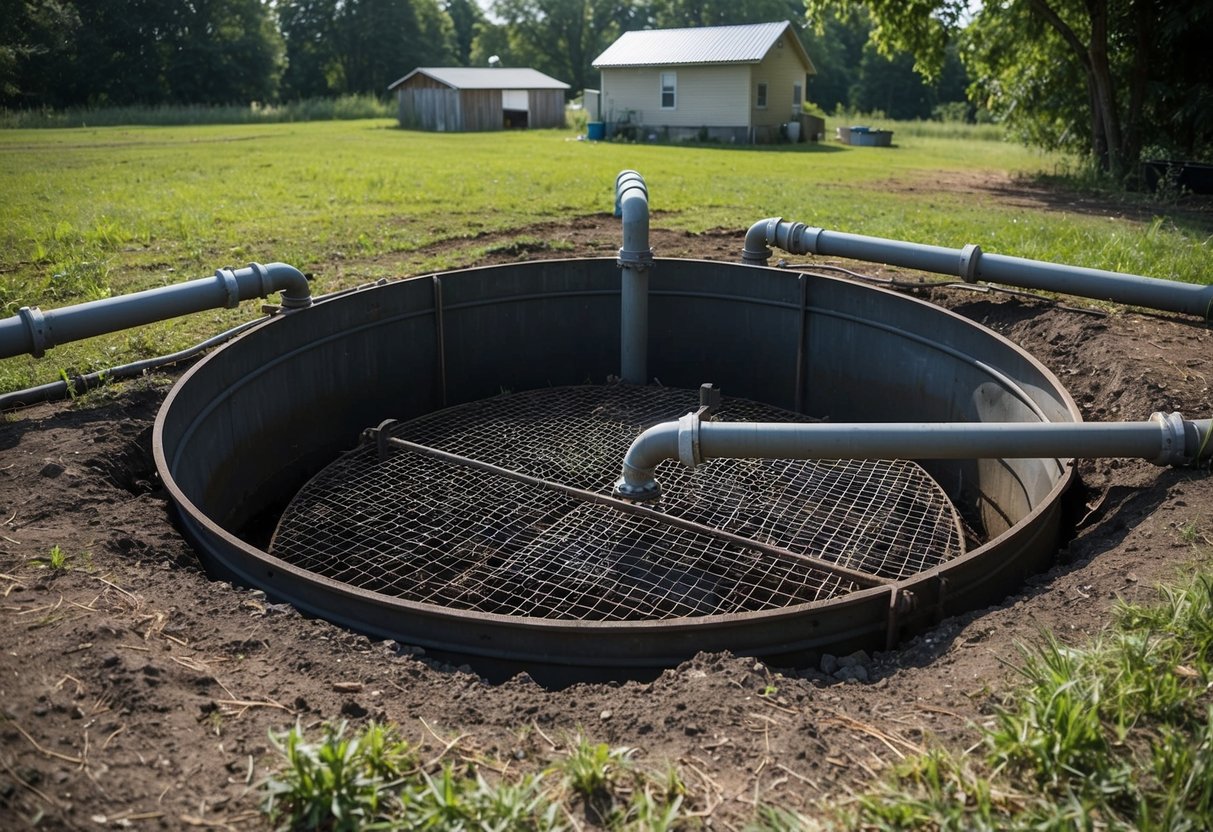 A rural backyard with a large, open pit surrounded by a metal grate, pipes, and a small building nearby