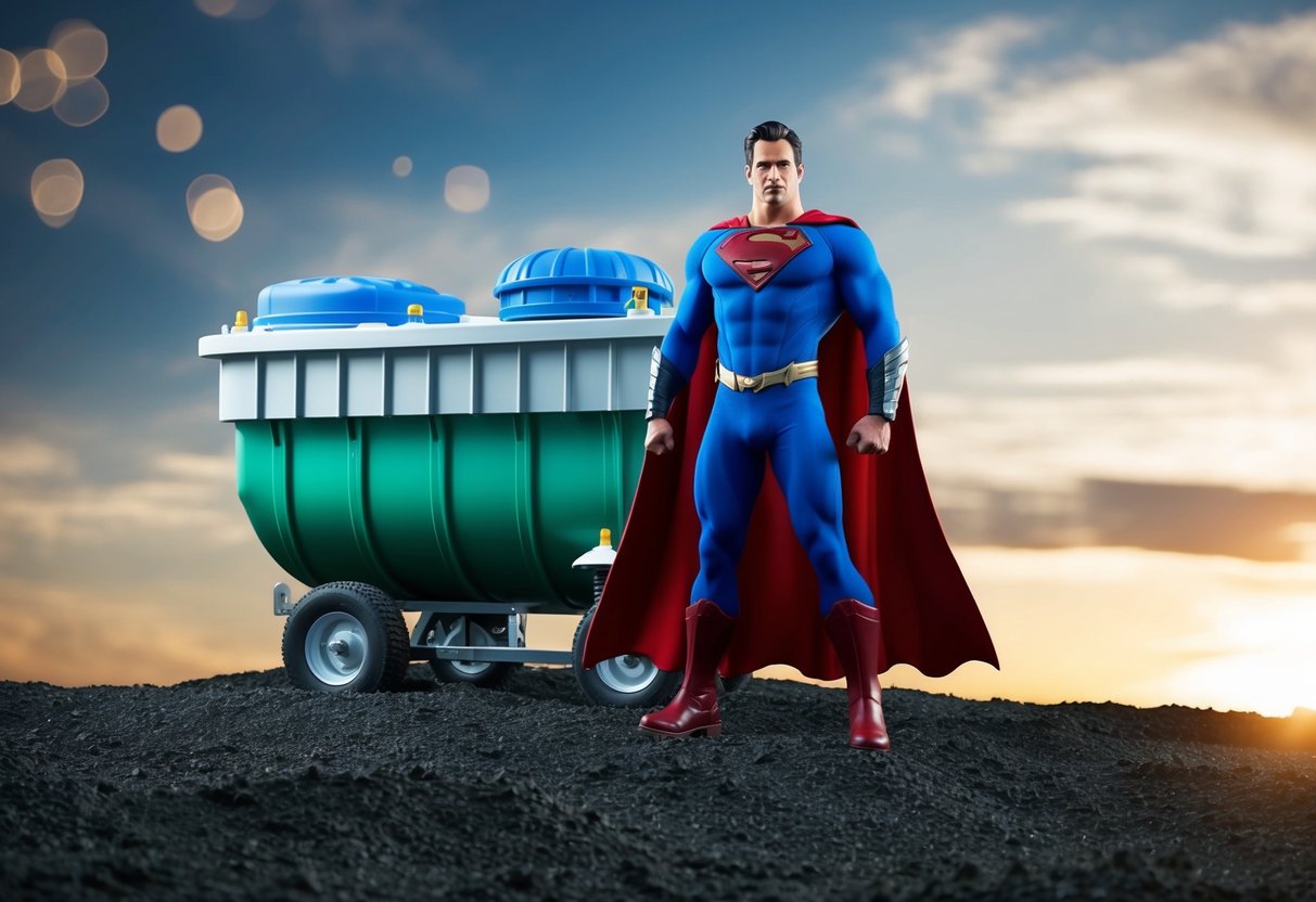 A powerful superhero Destop stands in front of a septic tank, ready to clean and purify the contents with its advanced technology