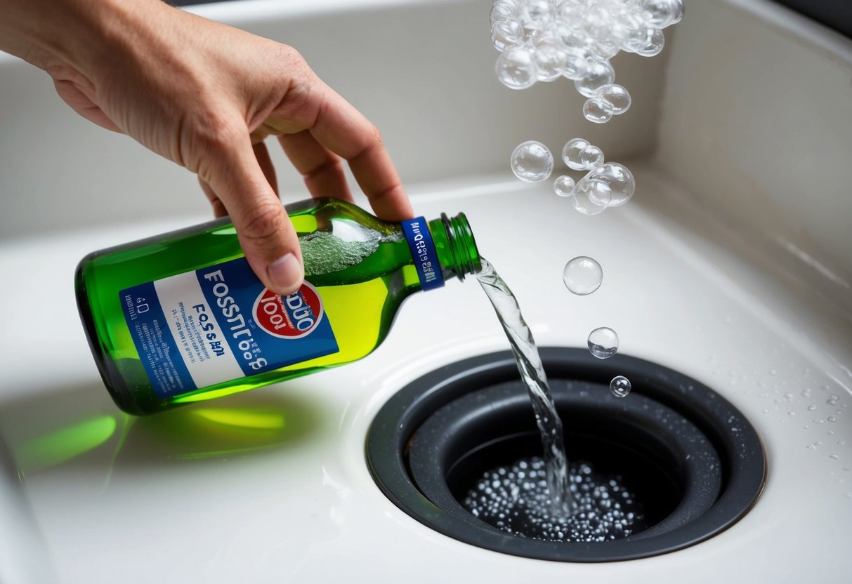 A hand pouring a bottle of Destop Fosse septique into a clogged drain, with bubbles and foam rising from the drain