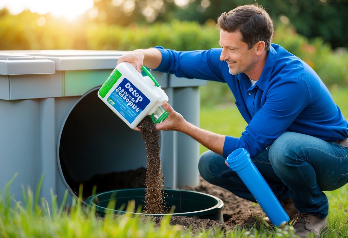 A person pouring Destop Fosse septique into a septic tank, with a look of satisfaction as they prevent future issues with their system