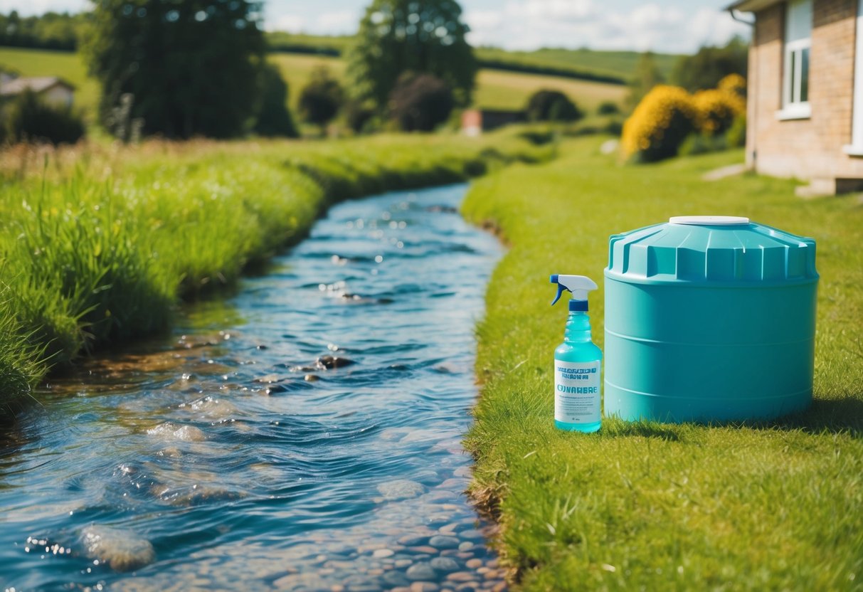 A clear, flowing stream alongside a rural house with a well-maintained septic tank and a bottle of environmentally friendly cleaning solution