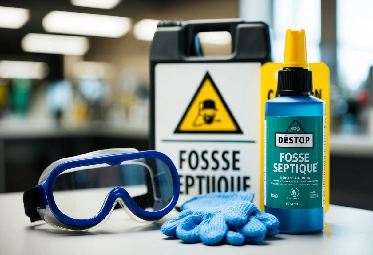 A pair of protective goggles and gloves next to a bottle of Destop Fosse septique, with a caution sign in the background